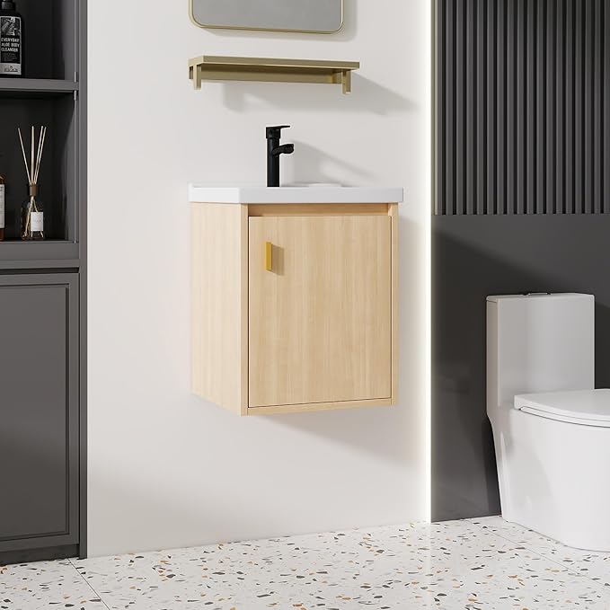 16'' Bathroom Vanity with Ceramic Sink Combo, Wall Mounted Small Bathroom Vanity with Soft-Close Door Modern Floating Cabinet, Pop-up Drain, P-Trap Included, Walnut(No Faucet)