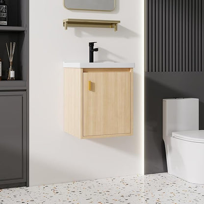 16'' Bathroom Vanity with Ceramic Sink Combo, Wall Mounted Small Bathroom Vanity with Soft-Close Door Modern Floating Cabinet, Pop-up Drain, P-Trap Included, Walnut(No Faucet)