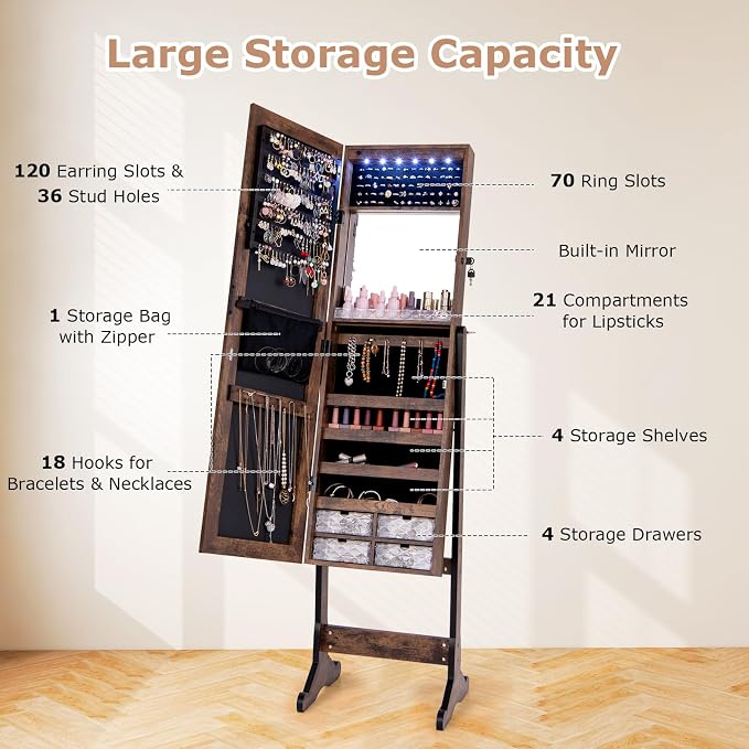 CHARMAID Jewelry Armoire Cabinet with Full Length Mirror, 6 LEDs Standing Lockable Jewelry Organizer with Vanity Makeup Mirror, 4 Storage Drawers, 4 Shelves, Lipstick Tray, 4 Angles (Rustic Brown)
