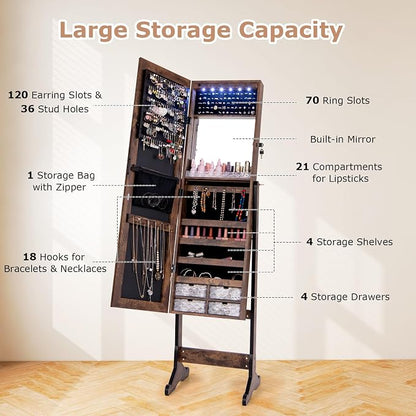 CHARMAID Jewelry Armoire Cabinet with Full Length Mirror, 6 LEDs Standing Lockable Jewelry Organizer with Vanity Makeup Mirror, 4 Storage Drawers, 4 Shelves, Lipstick Tray, 4 Angles (Rustic Brown)