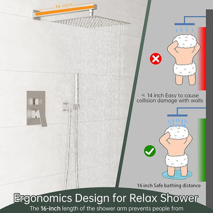 Hoimpro 12'' Shower Head Shower Faucet Set Handheld Sprayer Brushed Nickel | Stainless Steel Rain Shower Head, Rainfall Shower System Fixture Combo, Square, High Pressure Vlave Trim Kit, Wall Mounted