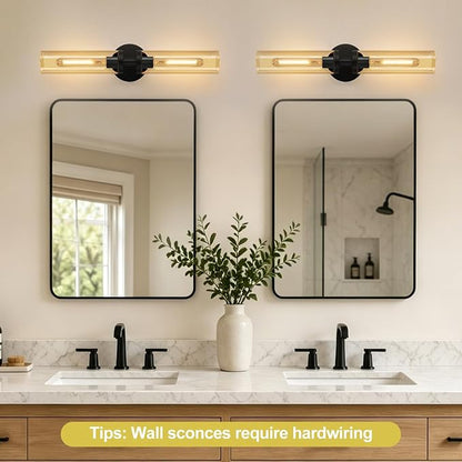 Indoi Wall Sconces Set of Two, Hardwired Matte Black Bathroom Sconces Wall Lights with Amber Glass, Modern Sconces Wall Decor Set of 2 Vanity Light fixtures for Bathroom Mirror Bedroom
