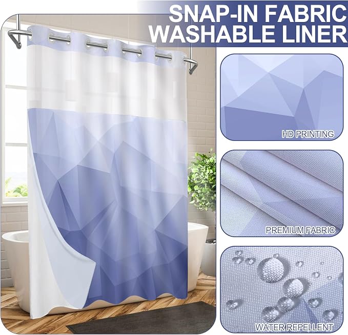 No Hook Shower Curtain with Snap in Liner Set, Light Blue, 71x74 | Waterproof Fabric for Bathroom, Modern Hotel Style Ombre Design, Mesh Top Window, Machine Washable, Quick Install
