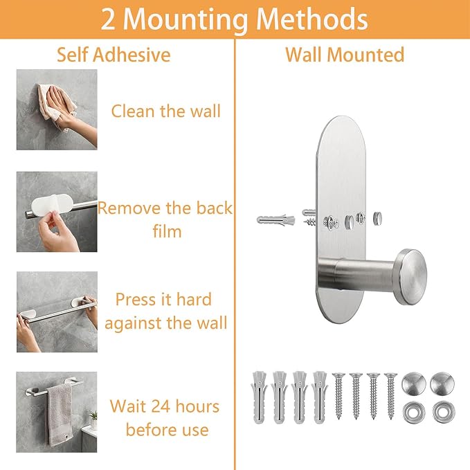 TocTen 5 Pieces Wall Mounted or Self Adhesive Towel Bar Set, Stainless Steel Bathroom Hardware Set Include 16″ Towel Rack, Toilet Paper Holder, 3 Towel Hook, Sticky Bathroom Accessory Kit (Silver)