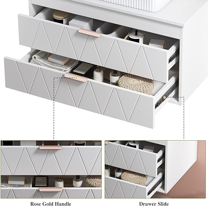 32 inch Bathroom Vanity with Vessel Sink, Wall Mounted Bathroom Cabinet with 2 Soft Closing Drawers, Rose Gold Handle, Solid Wood Countertop, Floating Modern Bathroom Vanity for Small Space, White