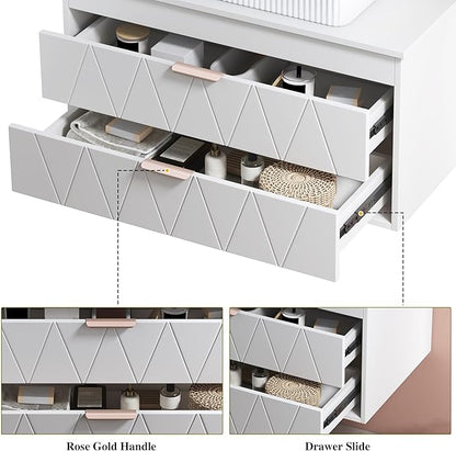 32 inch Bathroom Vanity with Vessel Sink, Wall Mounted Bathroom Cabinet with 2 Soft Closing Drawers, Rose Gold Handle, Solid Wood Countertop, Floating Modern Bathroom Vanity for Small Space, White