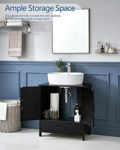 Bathroom Vanity Sink Cabinet, Under Sink Storage Cabinet with 2 Doors, Waterproof Pedestal Sink Cabinet for Bathroom, Laundry Room, Kitchen, Black with Drawer