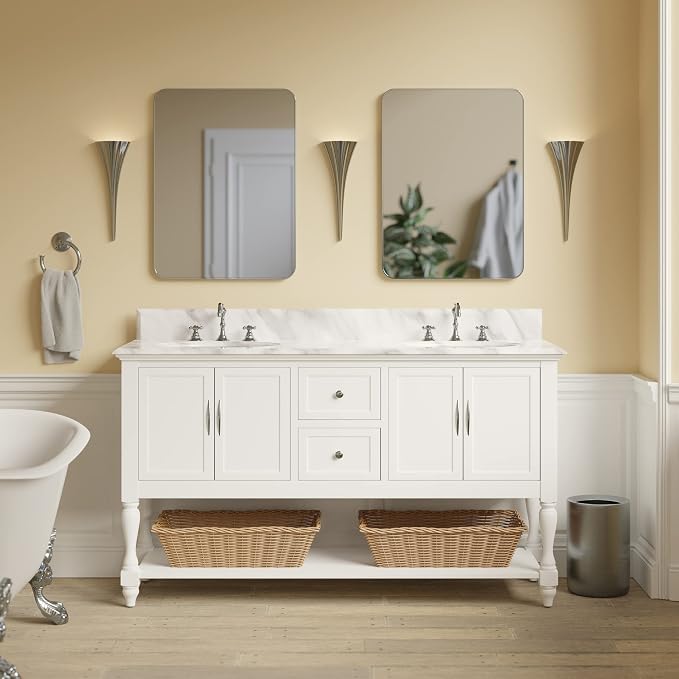 Beverly 60-inch Double Bathroom Vanity (White/Carrara): Includes White Cabinet with Authentic Italian Carrara Marble Countertop and White Ceramic Sinks