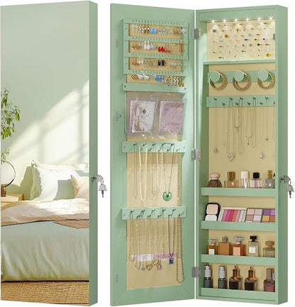 LVSOMT Over The Door Jewelry Organizer, 6 LED Wall Mounted Jewelry Cabinet | Lockable 42.5" Full Length Mirror with Jewelry Storage, Hanging Jewelry Mirror Cabinet, Jewelry Armoire for Women, Green