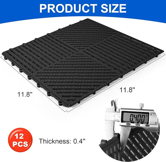 Modular Interlocking Cushion 12 Pack 11.8" x 11.8" Rubber Floor Tiles Non-Slip Splicing Drainage Mats for Deck, Pool, Shower, Patio, Balcony, Bathroom, Kitchen, Yard (1 Rows Dots, Black)