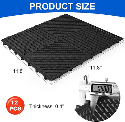 Modular Interlocking Cushion 12 Pack 11.8" x 11.8" Rubber Floor Tiles Non-Slip Splicing Drainage Mats for Deck, Pool, Shower, Patio, Balcony, Bathroom, Kitchen, Yard (1 Rows Dots, Black)