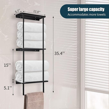 Bathroom Towel Rack, Towel Storage for Bathroom, 3 Tier Towel Rack with Shelf and Towel Bar, Towels Storage and Organizer - Matte Black