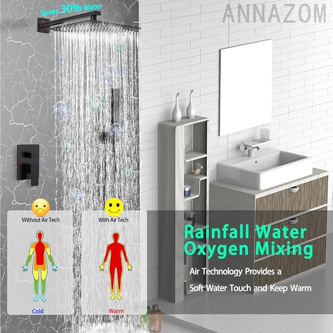 Oil Rubbed Bronze rain Shower Faucet Set Shower System 12 Inches Square Shower Head with Handheld, Waterfall Showerhead, All Metal Shower Faucet Trim Repair Kits (Contain Shower Valve)