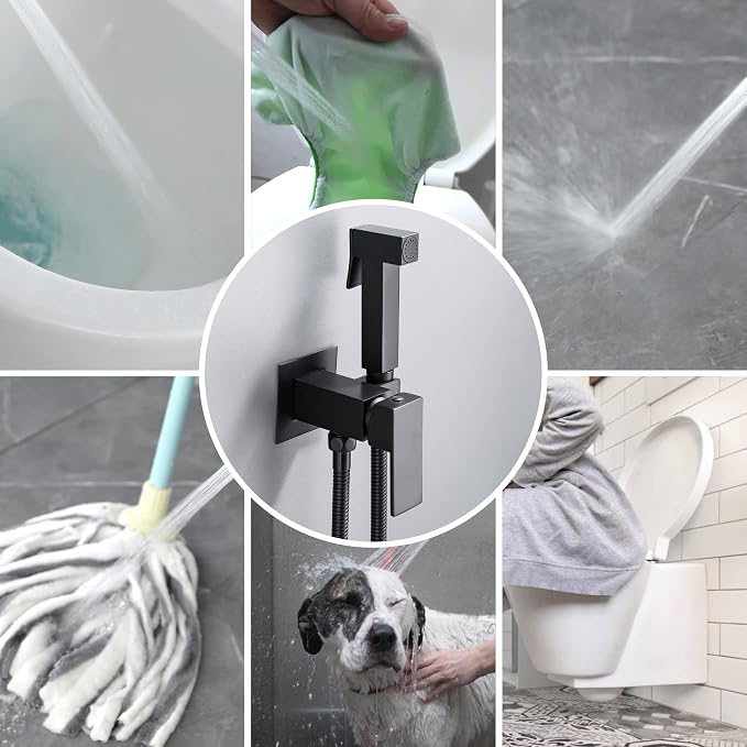 Warm Water Bidet Sprayer for Toilet with Hot and Cold Brass Rough-in Valve, Stainless Steel Handheld Bidet Attachment Set for Feminine, Pets and Baby Diaper Wash, Matte Black, BDS08-7