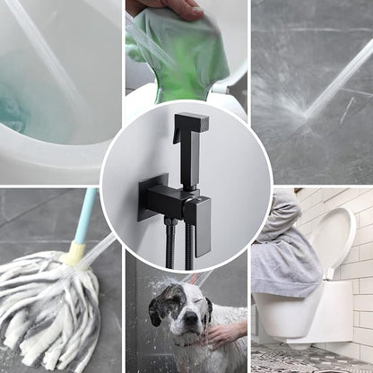 Warm Water Bidet Sprayer for Toilet with Hot and Cold Brass Rough-in Valve, Stainless Steel Handheld Bidet Attachment Set for Feminine, Pets and Baby Diaper Wash, Matte Black, BDS08-7
