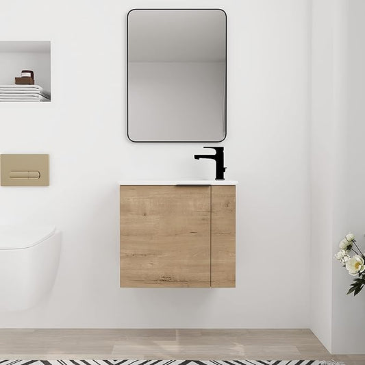 22" Bathroom Vanity with Sink, Floating Wall-Mounted Modern Vanity Cabinet for Small Space, 1 Door Brown Bathroom Sink Combo, Space Saving Vanity, Small Bathroom Vanities