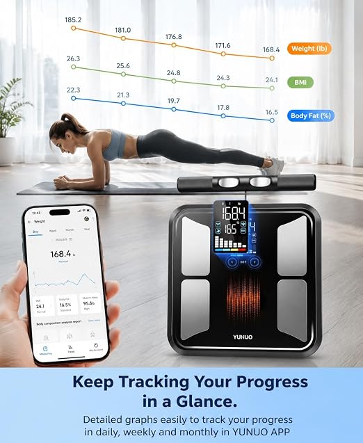 YUHUO Smart Scale for Body Weight, 8-Electrode Digital Bathroom Scale with BMI, Body Fat, Muscle Mass, Segmental Full Body Composition Analyzer, 28 Metrics Bluetooth App Sync