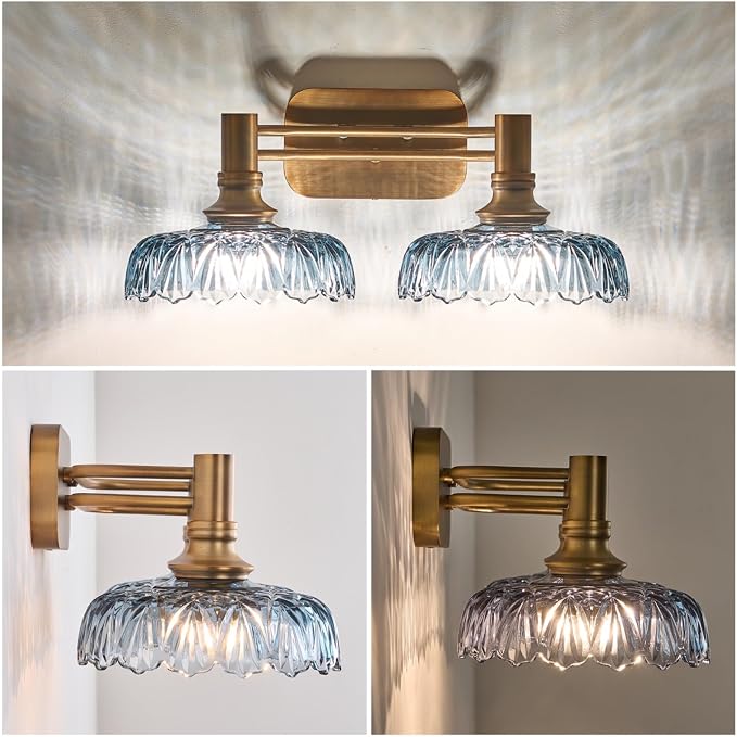 Vintage Bathroom Vanity Light Fixtures 2-Light Bathroom Lighting with Grey Glass Wall Sconces for Hallway Living Room Bedroom Entryway
