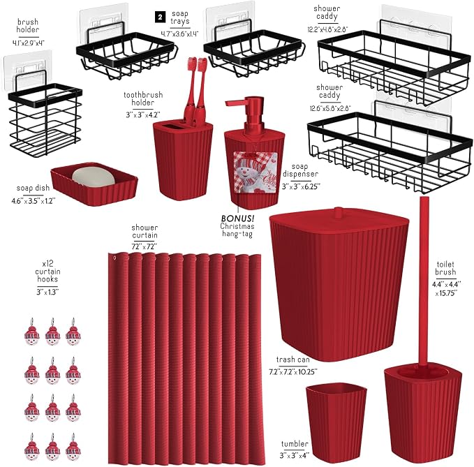 Clara Clark Bathroom Set - Christmas Bathroom Accessories Set, 24PC Bathroom Accessory Set, Christmas Bathroom Sets with Adhesive Corner Shower Caddy Hanging, Toilet Brush, Trash Can & Soap Dispenser | 25 Piece Complete Xmas Shower Curtain Set with Too...