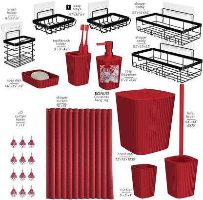 Clara Clark Bathroom Set - Christmas Bathroom Accessories Set, 24PC Bathroom Accessory Set, Christmas Bathroom Sets with Adhesive Corner Shower Caddy Hanging, Toilet Brush, Trash Can & Soap Dispenser | 25 Piece Complete Xmas Shower Curtain Set with Too...