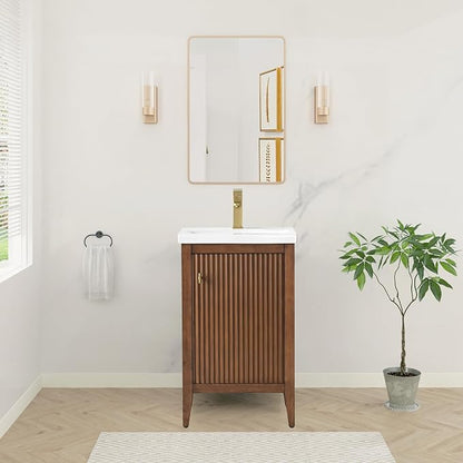 20" Bathroom Vanity with Ceramic Sink, Solid Wood Free-Standing Vanities Cabinet, Ceramic Top, Golden Brushed Handware & Soft Closing Door, Walnut
