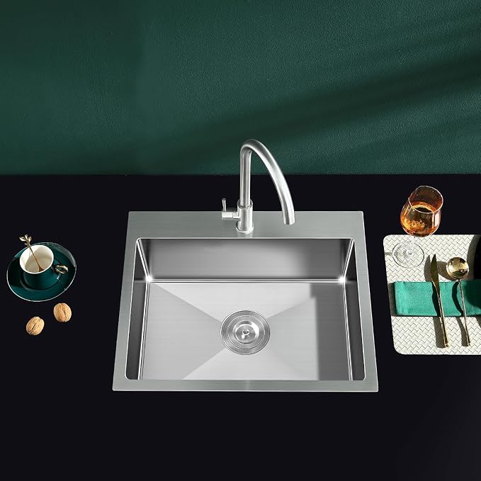 23" Drop-In Single Bowl Kitchen Sink 18 Gauge 304 Stainless Steel | 23"x18" Drop in Sink | 18 ga 304 SS Handmade | 1-hole | 9" deep | Single bowl | Brushed | Topmount
