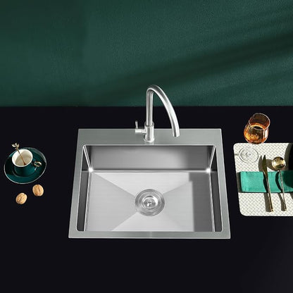 23" Drop-In Single Bowl Kitchen Sink 18 Gauge 304 Stainless Steel | 23"x18" Drop in Sink | 18 ga 304 SS Handmade | 1-hole | 9" deep | Single bowl | Brushed | Topmount