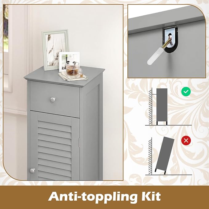 GIANTEX Bathroom Floor Storage Cabinet with Door and Drawer, Grey | Freestanding Side Cabinet with 3-Height Adjustable Shelf, Slim Cupboard, Storage Organizer Cabinet for Bedroom Living Room