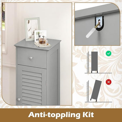 GIANTEX Bathroom Floor Storage Cabinet with Door and Drawer, Grey | Freestanding Side Cabinet with 3-Height Adjustable Shelf, Slim Cupboard, Storage Organizer Cabinet for Bedroom Living Room