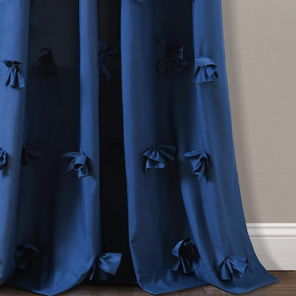 Lush Decor Riley Light Filtering Window Curtain Panel, Single 54" W x 95" L, Navy - Cute Blue Curtains for Bedroom - Bow Decor - Coquette Curtains for Windows