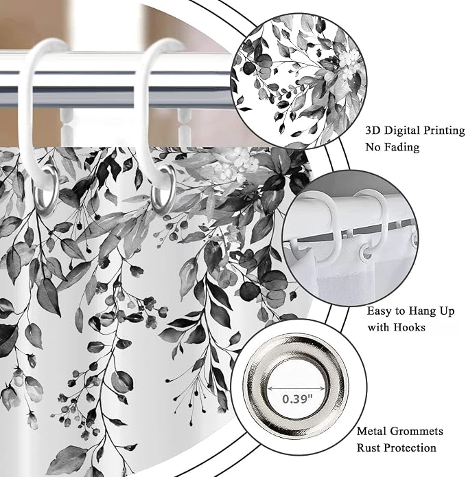Eucalyptus Shower Curtain, Watercolor Black Leaves on The Top Plant with Floral Bathroom Curtain Bathtub Home Decor Waterproof Fabric Machine Washable 12 Hooks, Leaf, 78'Lx72'W, (GCI-9989)