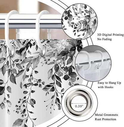 Eucalyptus Small Stall Shower Curtain, Watercolor Black Leaves on The Top Plant with Floral Bathroom Curtain Bathtub Home Decor Waterproof Fabric with 12 Hooks,36"x72"