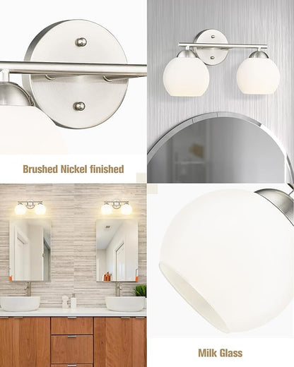 Emak Modern Globe Vanity Lights, Brushed Nickel Bathroom Light Fixtures, 2-Light Bathroom Vanity Light with Milk Glass Shade, VL114-BN-ML-2