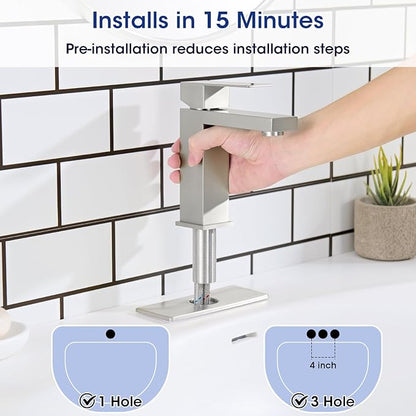 Brushed Nickel Bathroom Faucet, Stainless Steel Vanity Bathroom Sink Faucet with Pop Up Drain Stopper and Water Hoses, Easy to Install Bathroom Faucet 1 Hole for Bathroom Sink, Vanity, RV