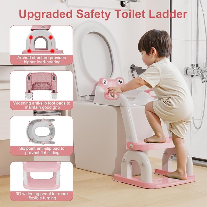 Potty Training Seat with Step Stool Ladder, Upgraded 2-in-1 Toddler Potty Training Toilet Seat with Non-Slip Step Splash Guard Handles and Waterproof Cushion, Toddler Potty Seat for Kids Boys Girls