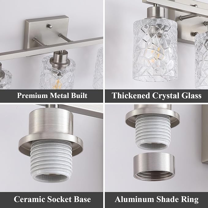 Mecgirn Stainless Steel Bathroom Vanity Light Over Mirror, 3 Light Brushed Nickel Bathroom Light Fixtures with Textured Glass Shades, Ceramic E26 Sockets Wall Mounted