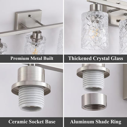 Mecgirn Stainless Steel Bathroom Vanity Light Over Mirror, 3 Light Brushed Nickel Bathroom Light Fixtures with Textured Glass Shades, Ceramic E26 Sockets Wall Mounted