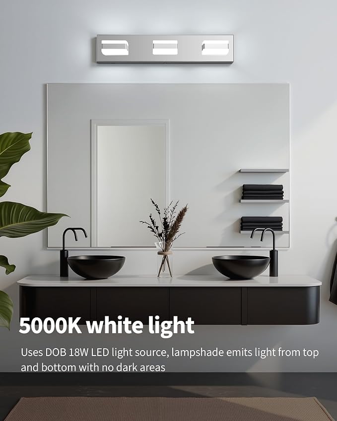 Bathroom Lighting Fixtures Over Mirror, 3 Light Silver Vanity Light | Cool White, 5000K, Modern Vanity Wall Lights for Bath, Dressing Room, Restroom, 21.6 inch