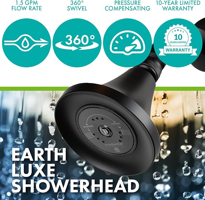 Niagara Conservation N3915MB Earth Luxe 3-Spray with 1.5 GPM 3.35-in. Wall Mount Adjustable Fixed Shower Head in Matte Black, 1-Pack | Bathroom Shower Head Sprayer with Pressure Compensation