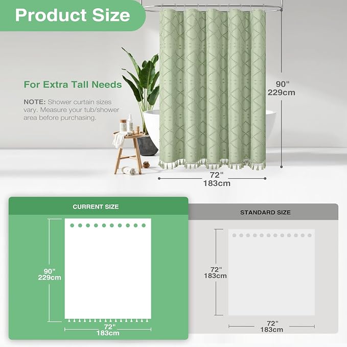 Extra Long Boho Shower Curtain Tufted Geometric 72"x90" Sage Green | 90 Inch Tall, Elegant Tassel, Lightweight Textured Fabric, Water Repellent, Washable, Hotel Spa, for Bathroom/Dorm 12 Hooks