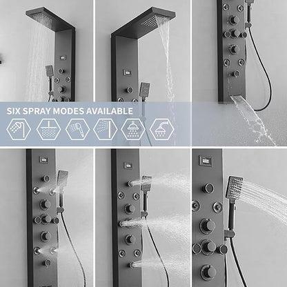 Shower Panel, Shower Tower, Bathroom Shower Panel Tower System, 6 IN 1 Shower Functions, Stainless Steel Wall Mounted, Black