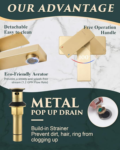 Single Hole Bathroom Faucet, 1-Handle Bathroom Sink Faucet with Pop-Up Drain, 304 Stainless Steel Brushed Glod for Modern Bath/Vanity