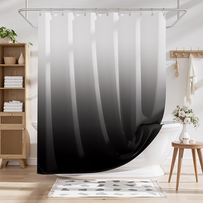 AmazerBath Long Shower Curtain, 72x78 Ombre Black Fabric Shower Curtain Set with 12 Shower Curtain Hooks, Farmhouse Cloth Black and White Shower Curtain, Washable Bathroom Shower Curtain Sets