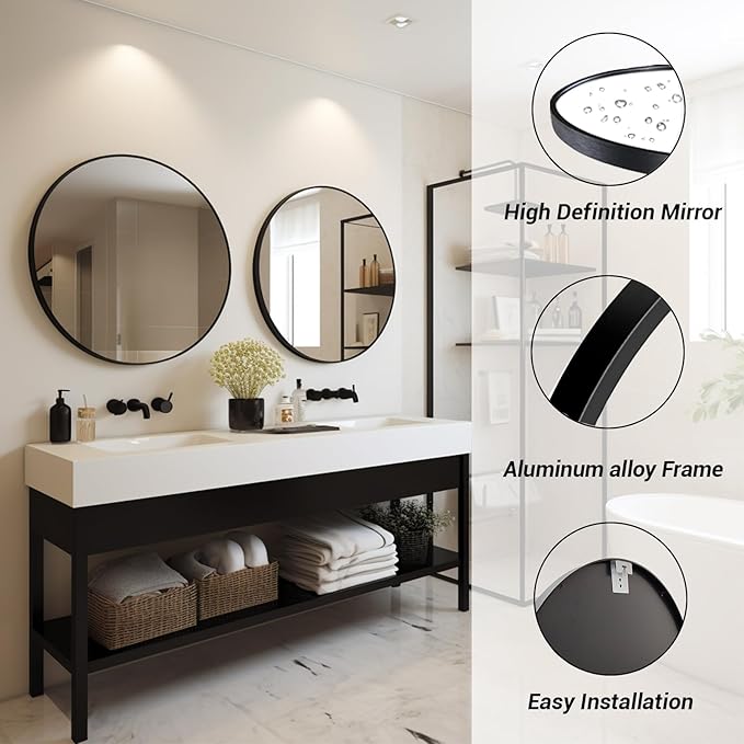 Round Mirror 28 inch, Round Black Mirror, Matte Black Metal Frame | High Definition Mirror, Rust-resistant, Easy Installation, Circular Mirrors for Living room Bedroom, Entrance, Restroom