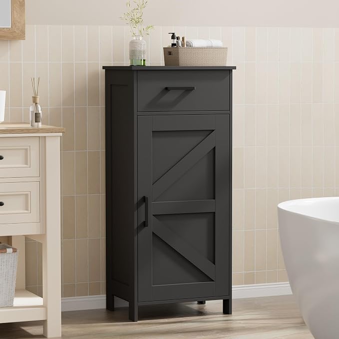 Homhedy Bathroom Storage Cabinet with Drawer & Adjustable Shelf | Freestanding Storage Cabinet for Bathroom, Entryway, Living Room & Kitchen, Black, 15.7"W