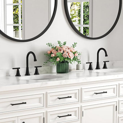 Bathroom Faucets for Sink 3 Hole, Hurran Matte Black Bathroom Sink Faucet with Pop-up Drain and Supply Lines, Stainless Steel Lead-Free Widespread Faucet for Vanity RV Farmhouse, 2 Pack