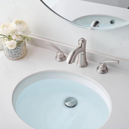 Solid Brass Brushed Nickel Bathroom Faucet 3 Hole, 2 Handle | 8 Inch Widespread, 10 Mins Install, NSF/ANSI/CAN 372, cUPC, DOE, Pre-Installed Water Hose, with Pop up Drain, for Vanity