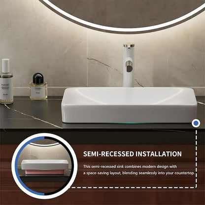 19"x12" Semi-Recessed Vanity Sink – Compact for Small Bath/Powder | High‑fired for chip‑resistant durability Non‑porous glaze repels stains & odors Ultra‑smooth surface – wipe smudge‑free