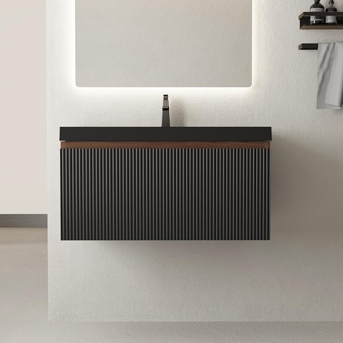30 Inch Floating Bathroom Vanity with Sink, Wall Mounted Striped Storage Cabinet, Soft Close Drawer, Black Quartz Sand Basin, Fully Assembled, Smoked Walnut Finish