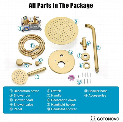 gotonovo High Pressure Shower System Valve and Trim Kit,Brushed Gold | Round Rain 10 Inch Shower Head with Handheld Faucet Set Complete,Rough In Valve,2-in-1 Diverter,All Metal,Bathroom Wall Mount